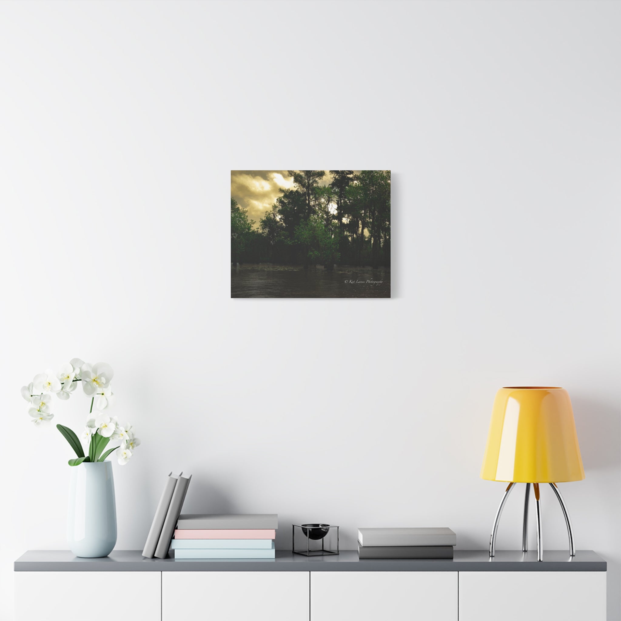 Shadows Over the Bayou Louisiana bayou canvas wall art displayed in a bright modern room.