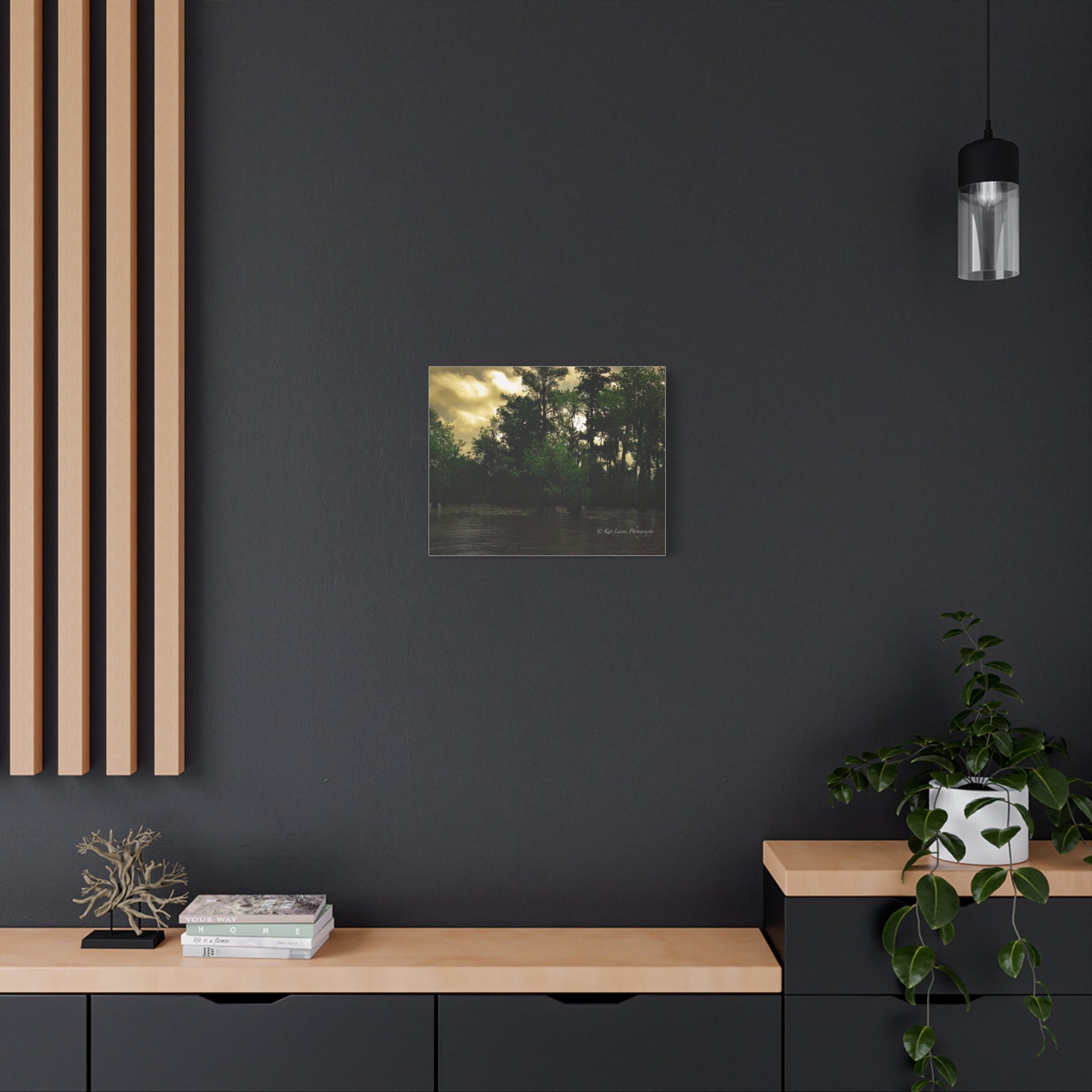 Shadows Over the Bayou moody Louisiana landscape canvas displayed on a dark interior wall.