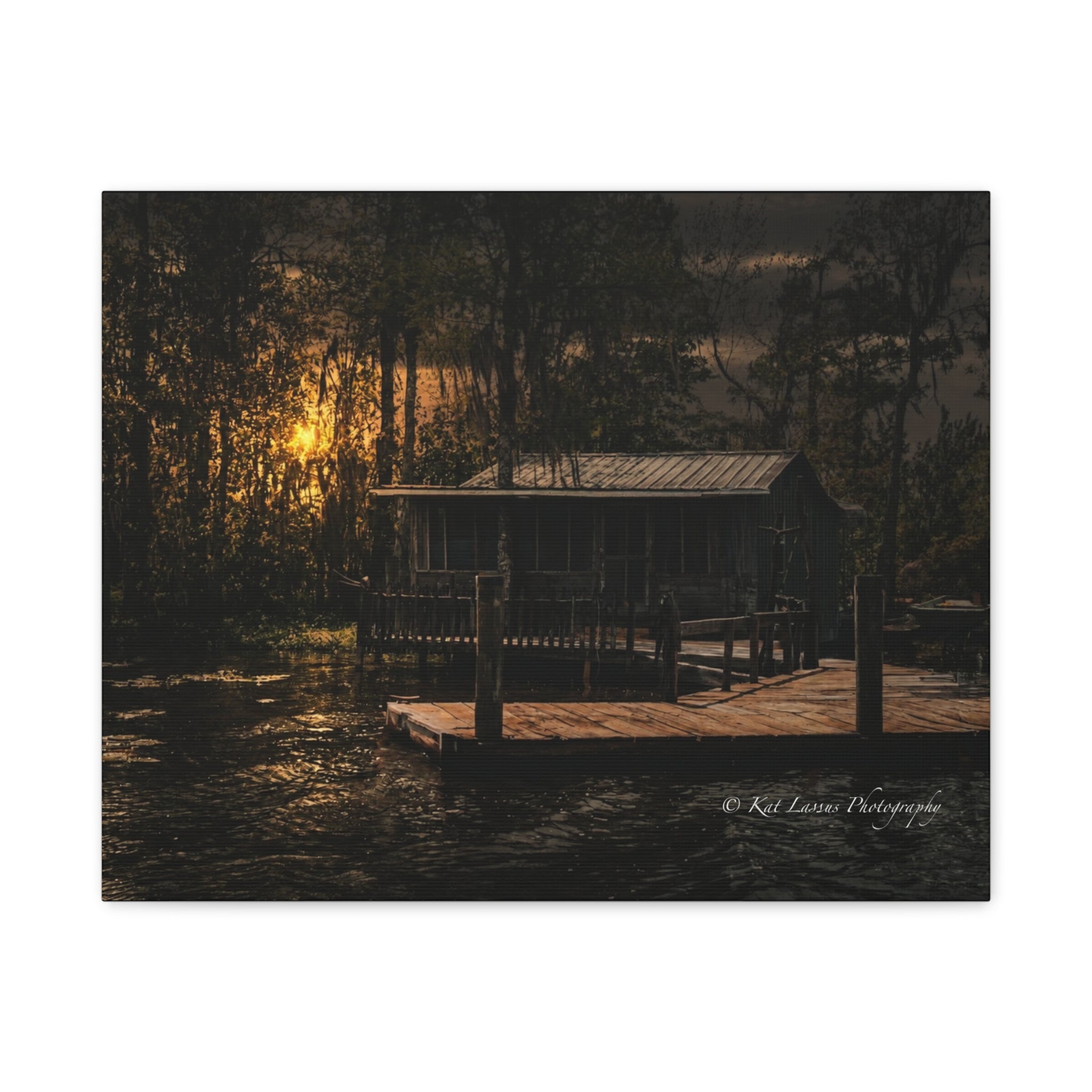 Last Light on the Bayou Louisiana sunset photograph displayed as a stretched canvas wall art print.