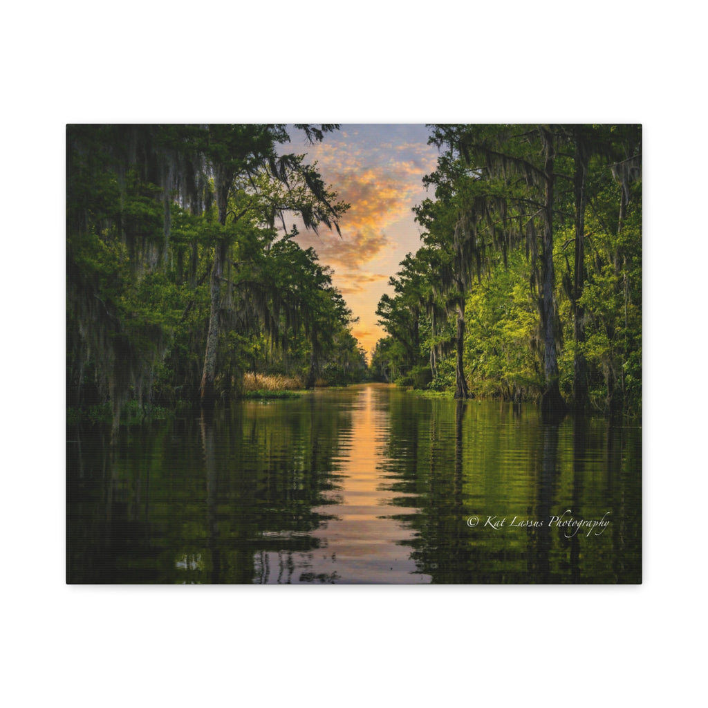 Whispers of the Bayou Louisiana swamp sunset canvas wall art.