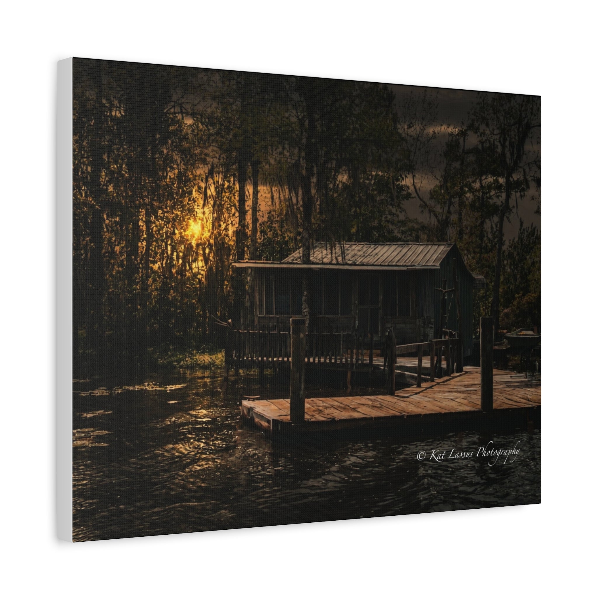 Side view of Last Light on the Bayou stretched canvas print featuring a Louisiana waterfront cabin at sunset.