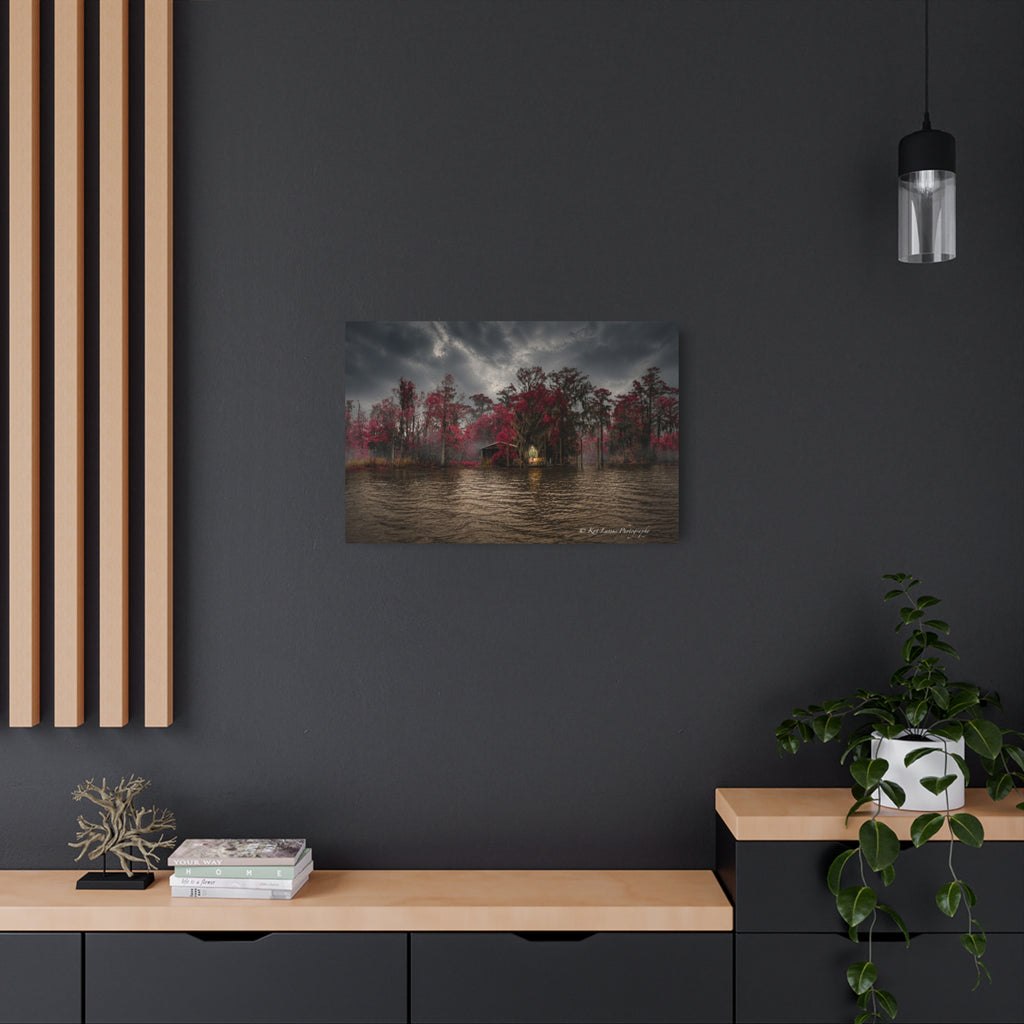 Swamp Sanctuary in Crimson Light moody Louisiana landscape metal print in dark interior.