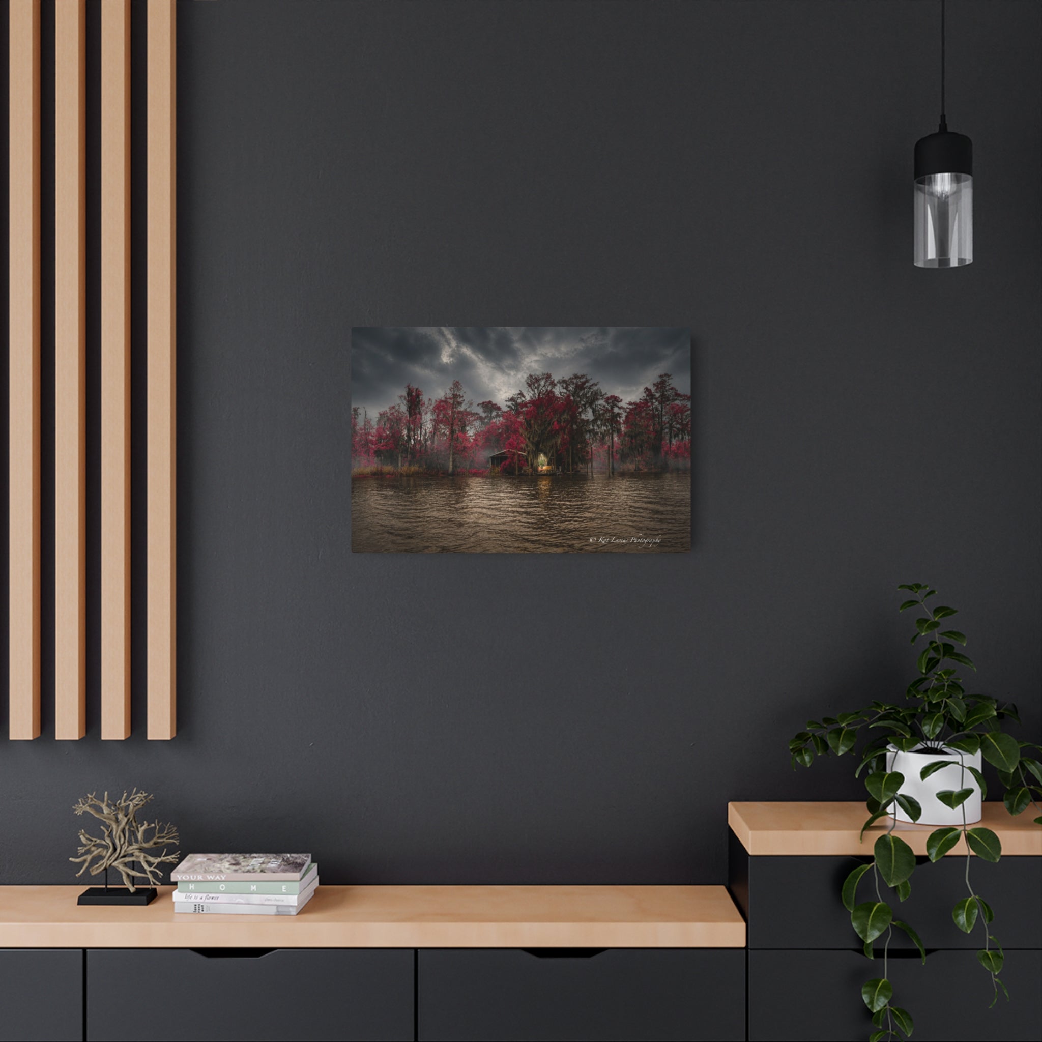 Swamp Sanctuary in Crimson Light moody Louisiana landscape metal print in dark interior.