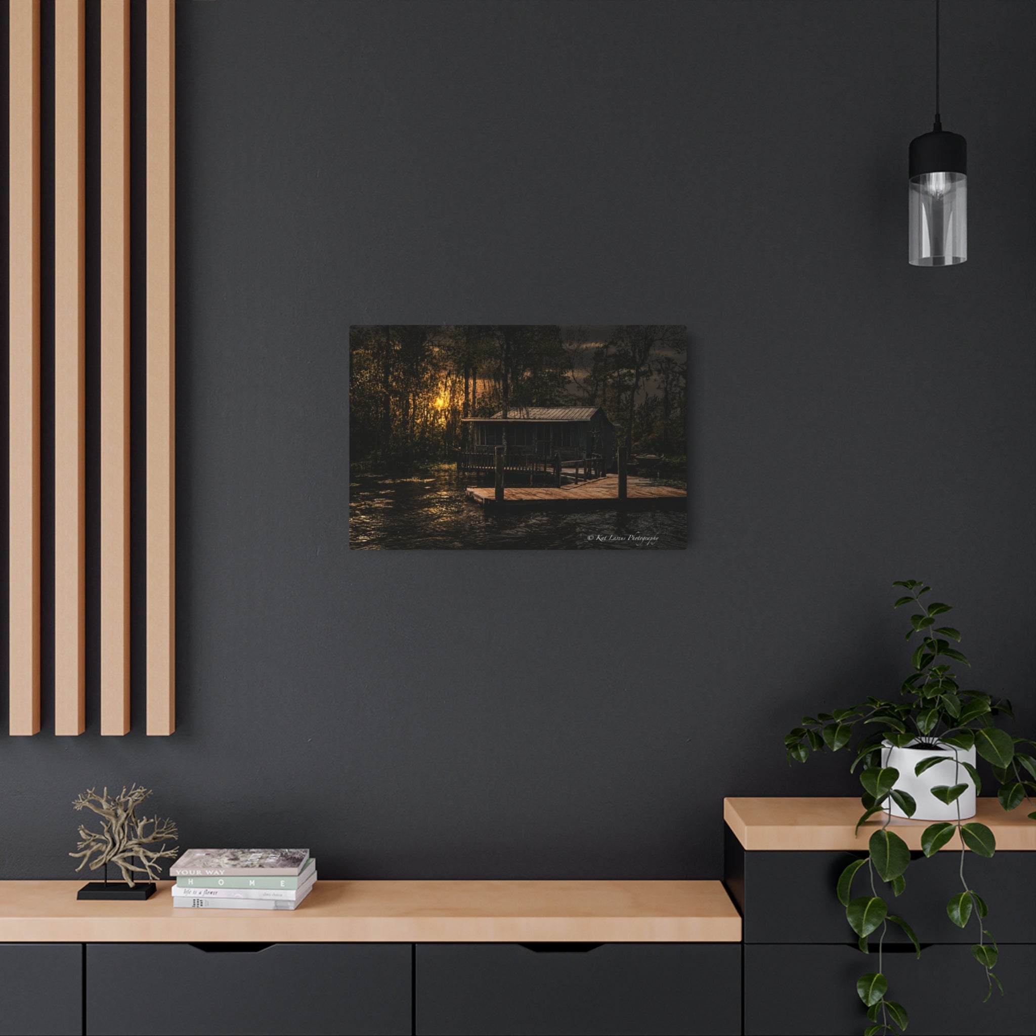 Last Light on the Bayou Louisiana swamp metal wall art displayed on a dark interior wall.