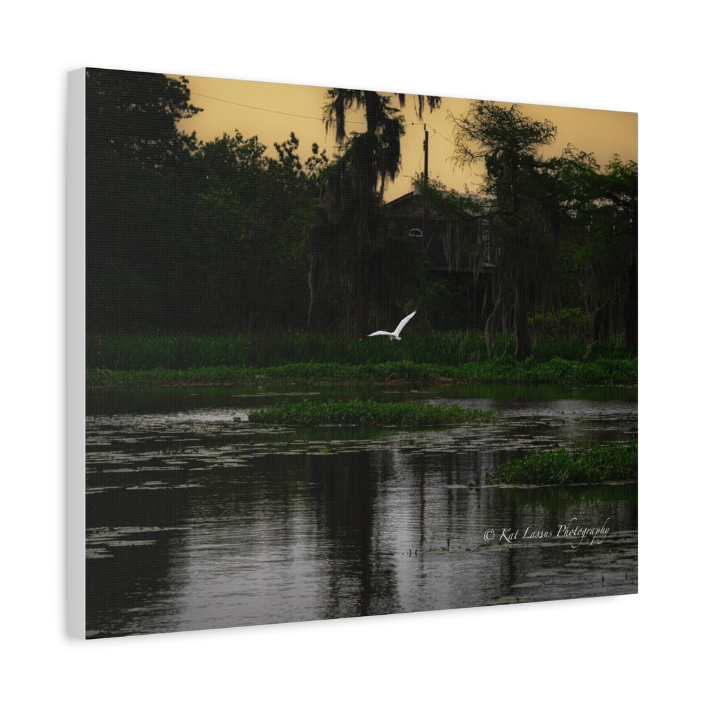 Silent Flight fine art Louisiana bayou canvas shown from an angled side view.