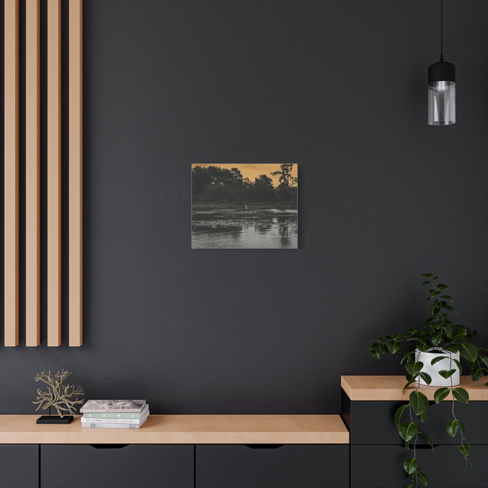 Where the Heron Waits moody Louisiana bayou canvas displayed in a dark modern interior.