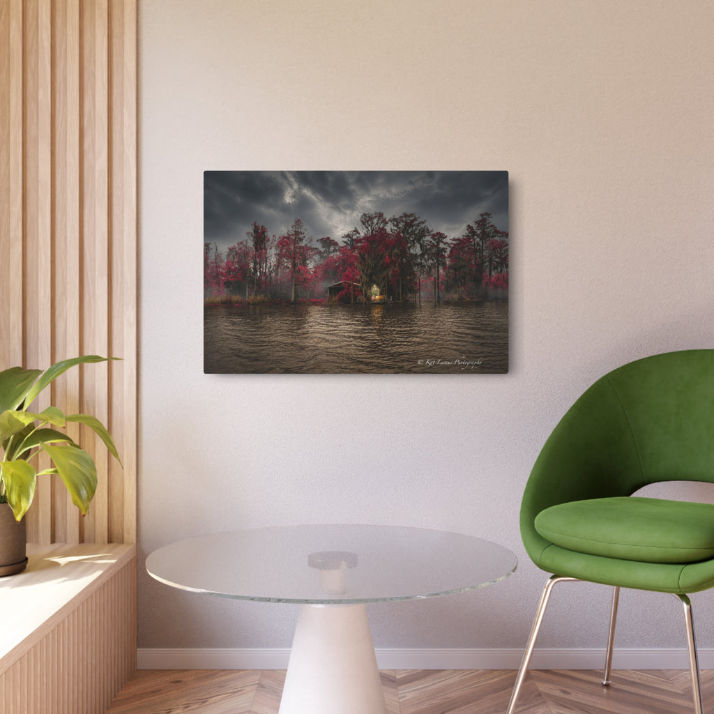 Swamp Sanctuary in Crimson Light Louisiana swamp metal wall art in modern interior.