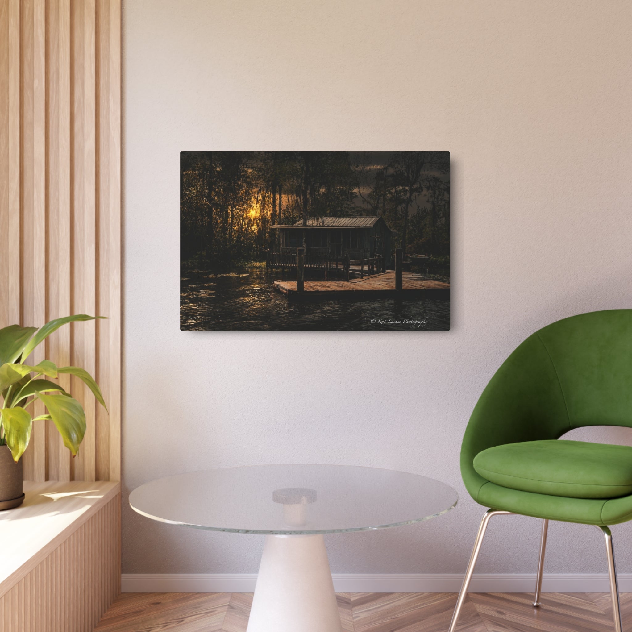 Last Light on the Bayou metal print displayed in a modern living room.