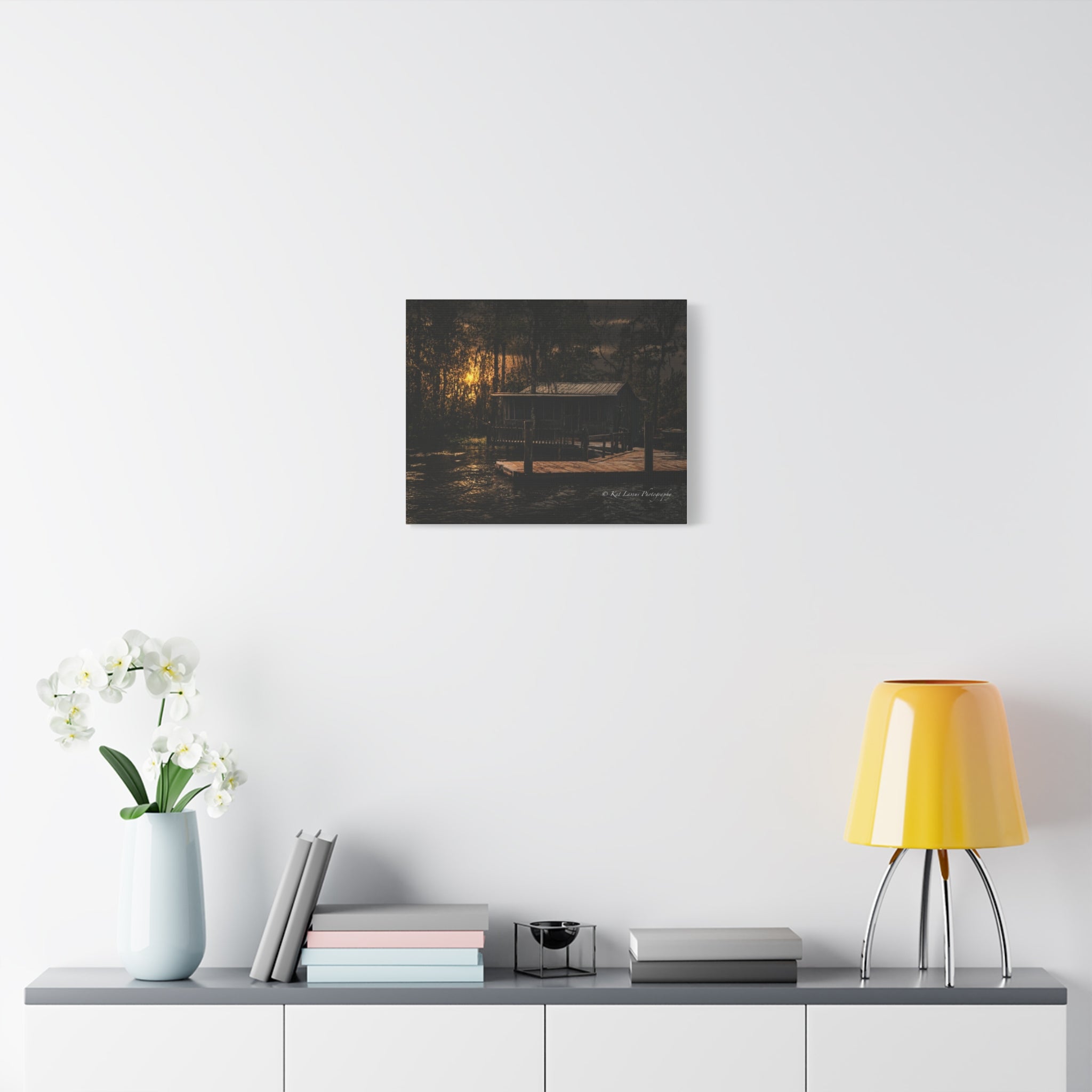 Last Light on the Bayou canvas wall art displayed in a bright modern interior.