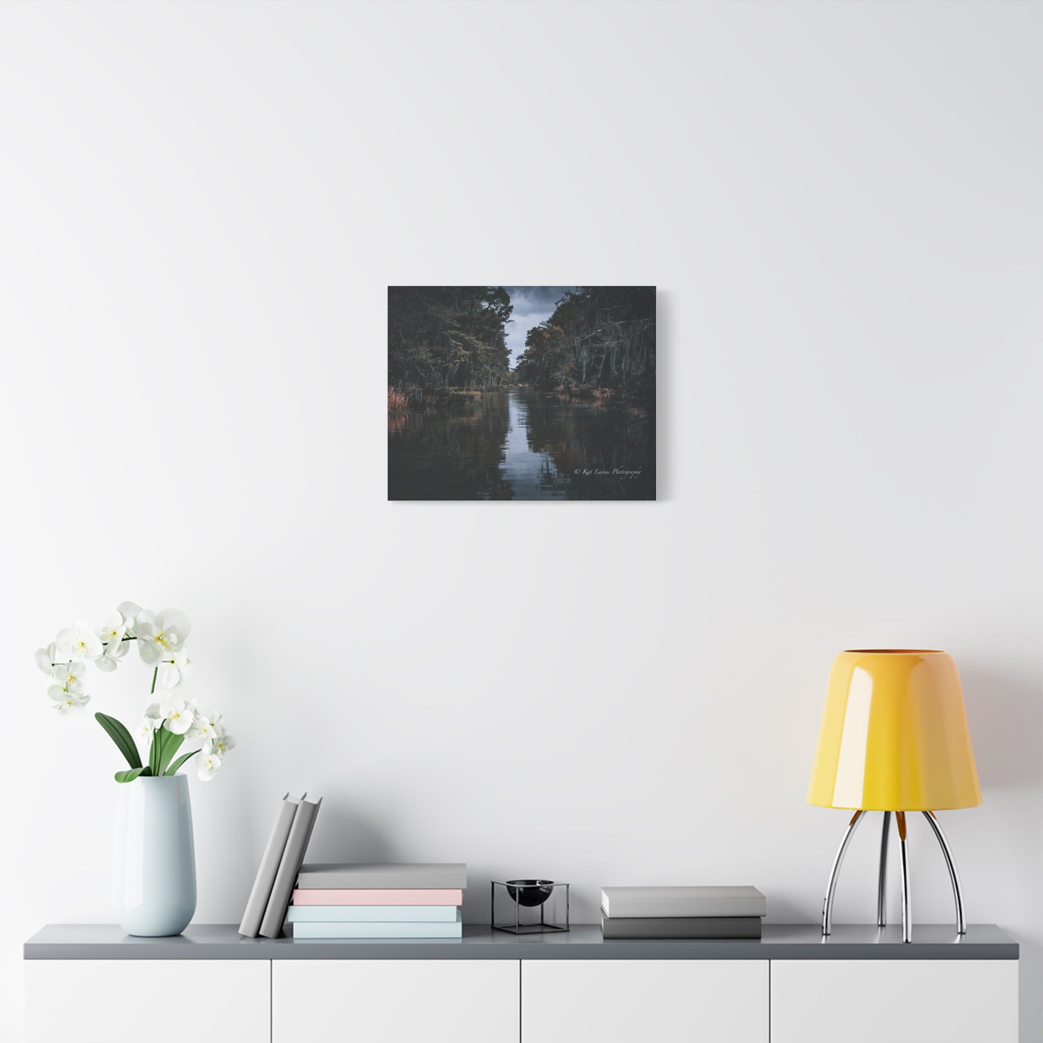 Veil of the Marsh Louisiana bayou canvas wall art displayed in a modern room.