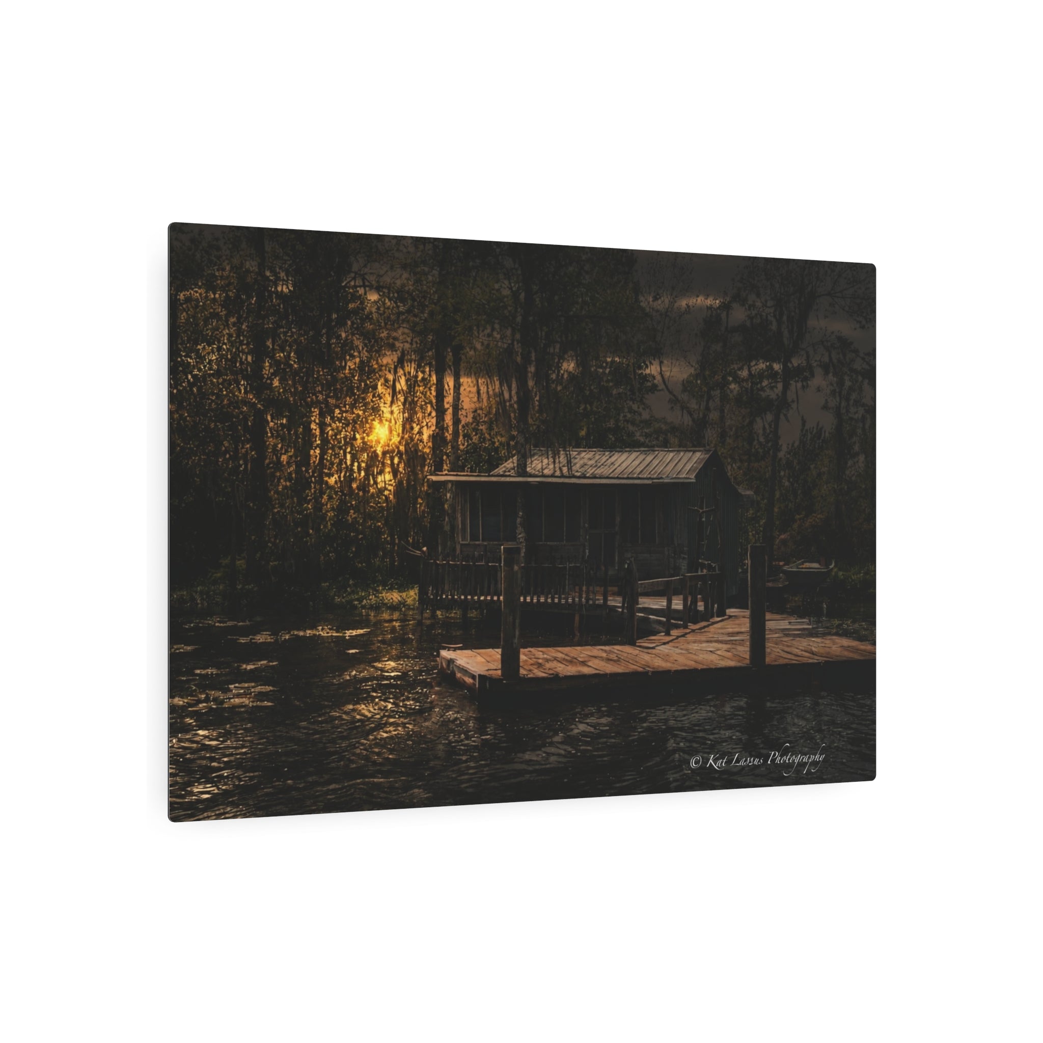 Angled view of Last Light on the Bayou Louisiana swamp photography metal print.