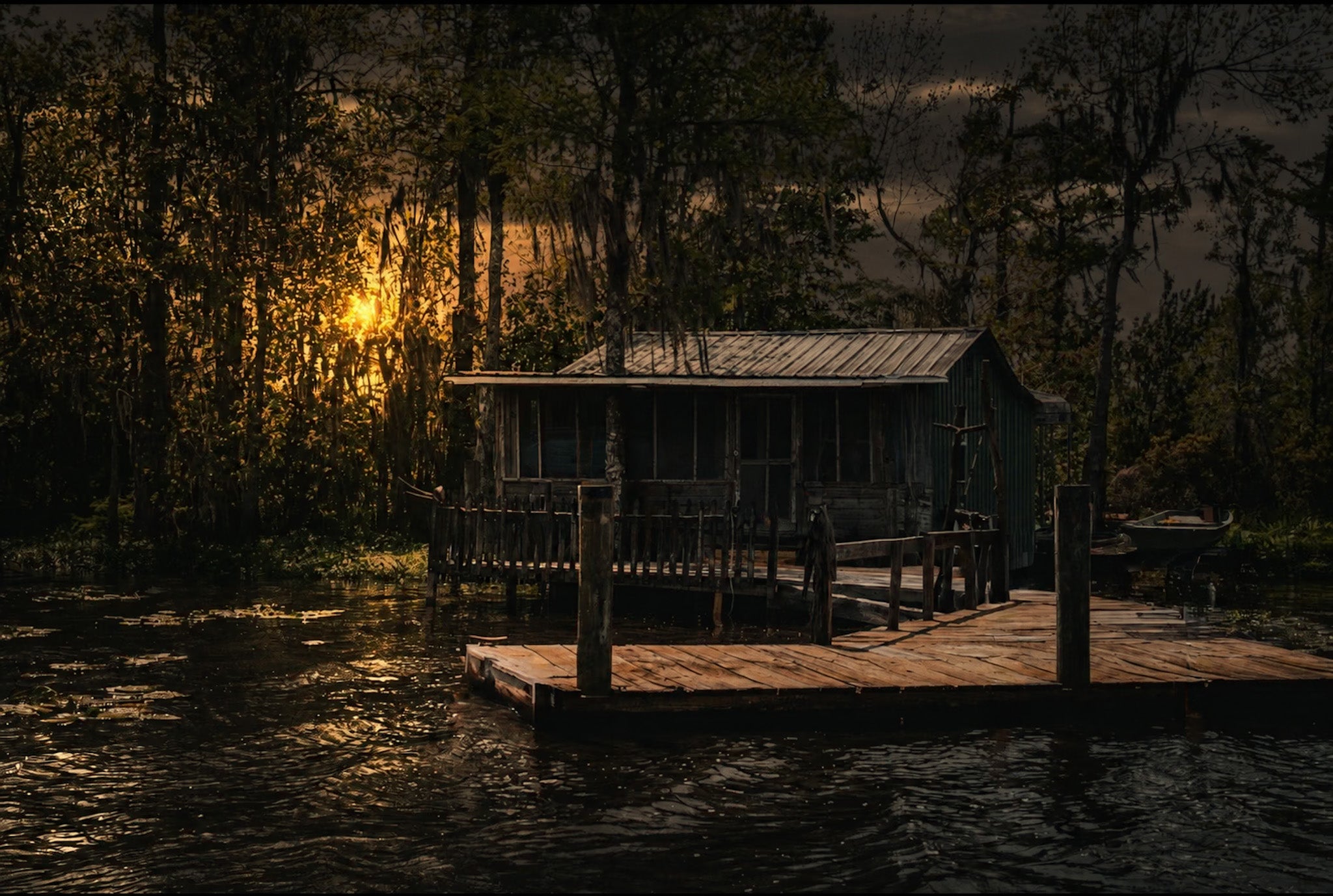 Last Light on the Bayou Louisiana swamp cabin at sunset fine art photography by Kat Lassus.