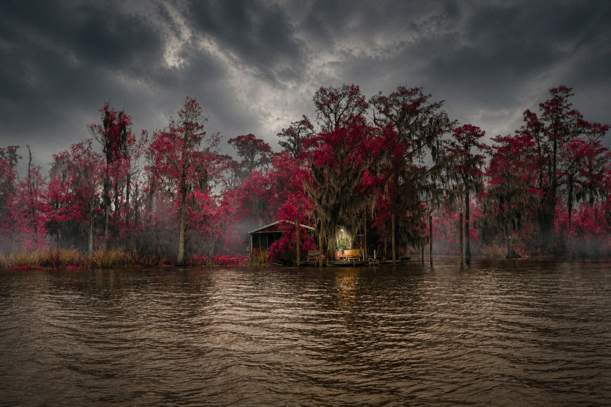 Swamp Sanctuary in Crimson Light Louisiana swamp landscape with cypress trees, dramatic clouds, and refections on the water.